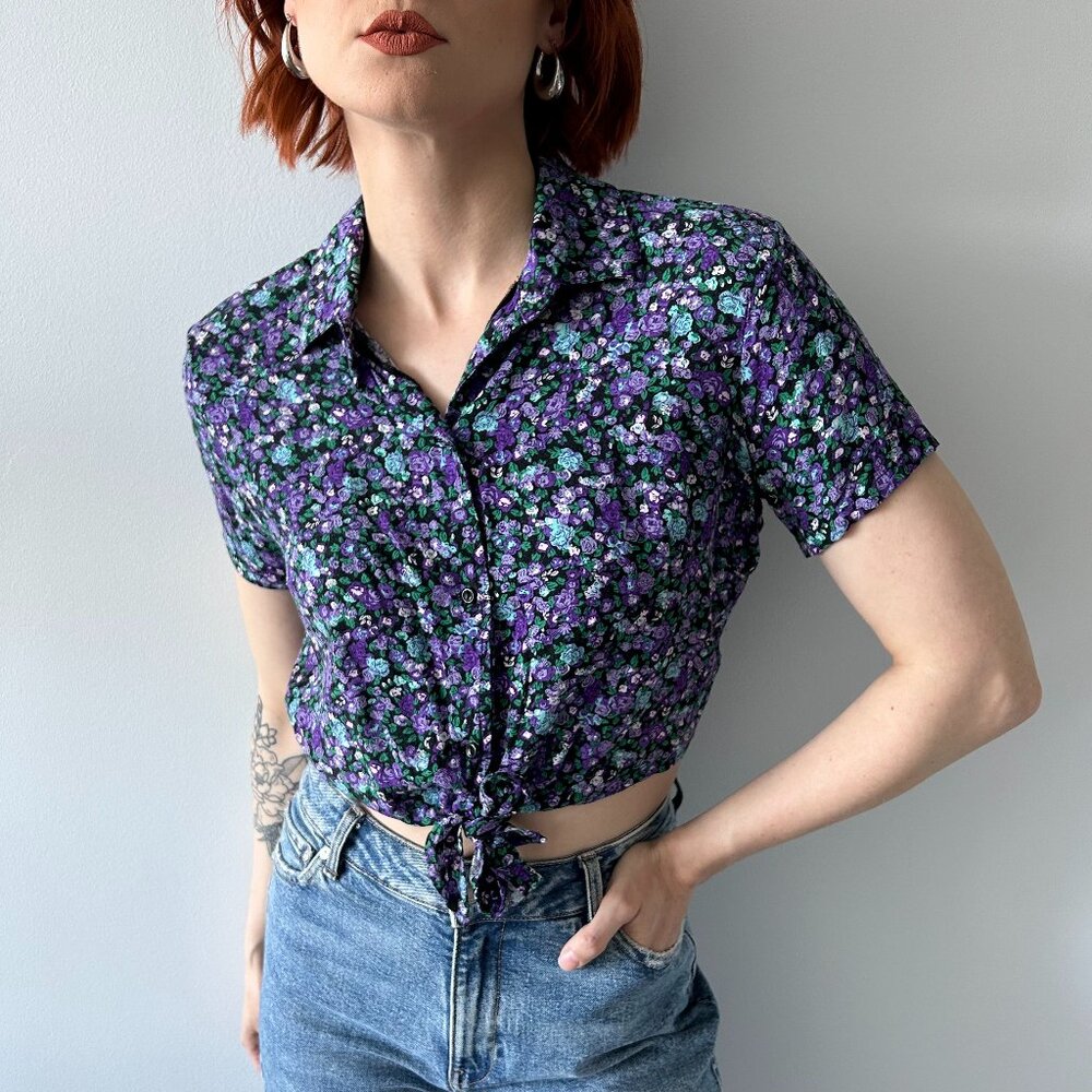 American Apparel Floral Button Up Tie Front Short Sleeve Crop Top with Collar
